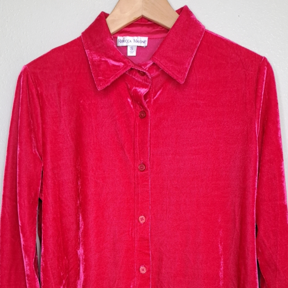 Rebecca Malone Fuchsia Pink Velvet Collared Button-up Tunic Blouse Long Slv S - Picture 7 of 11